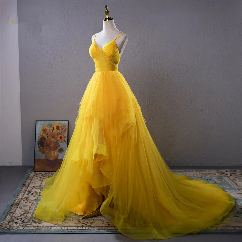 Yellow V-neckline Straps Tulle Beaded Long Party Dress, Yellow Formal Dress Prom Dress