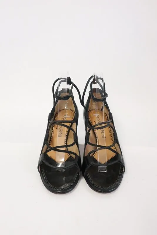 Yves Saint Laurent Lace-Up Sandals Black Leather Size 36.5 Mid-Heel