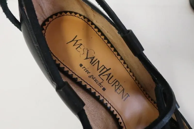Yves Saint Laurent Lace-Up Sandals Black Leather Size 36.5 Mid-Heel