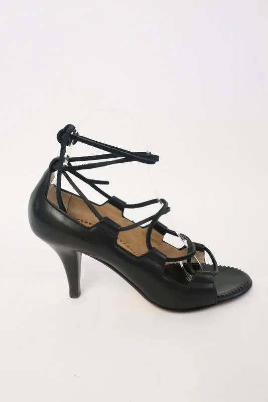 Yves Saint Laurent Lace-Up Sandals Black Leather Size 36.5 Mid-Heel