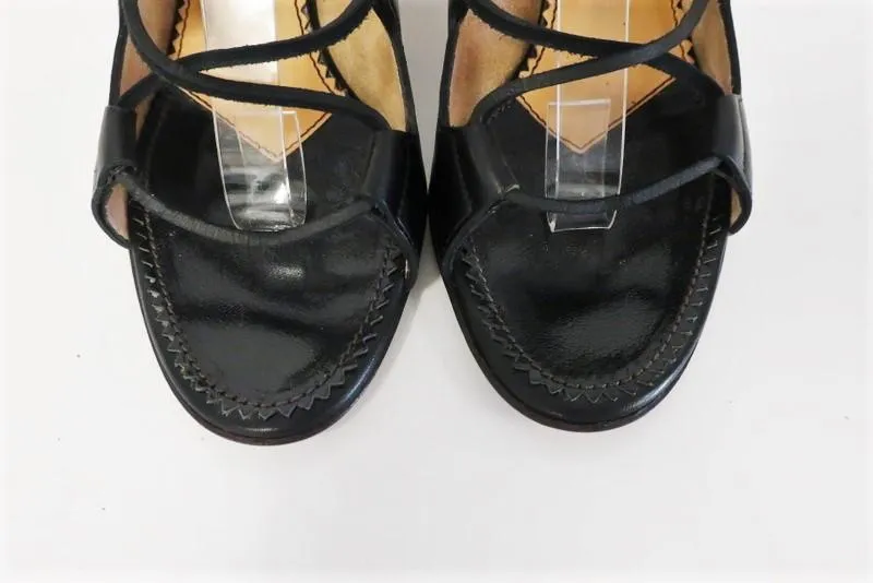 Yves Saint Laurent Lace-Up Sandals Black Leather Size 36.5 Mid-Heel