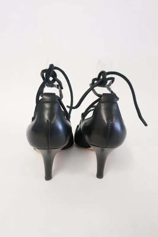 Yves Saint Laurent Lace-Up Sandals Black Leather Size 36.5 Mid-Heel